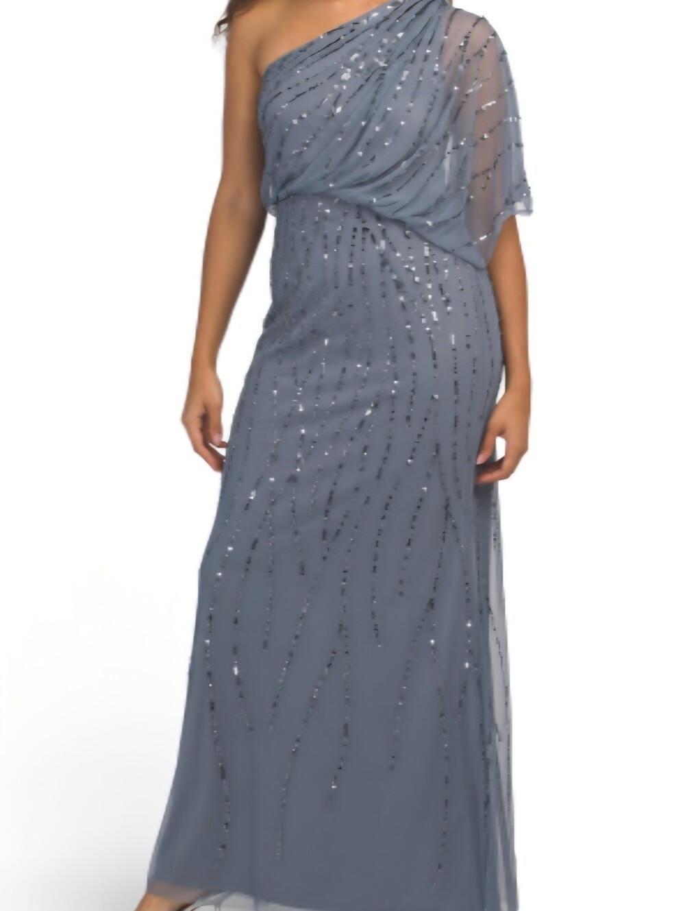 Adrianna Papell One-Shoulder Embellished Gown In Dusty Blue